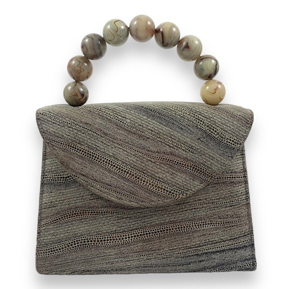 90's designer MICHELLE LALONDE New York reptile suede mini bag tortoise handle - Picture 2 of 14